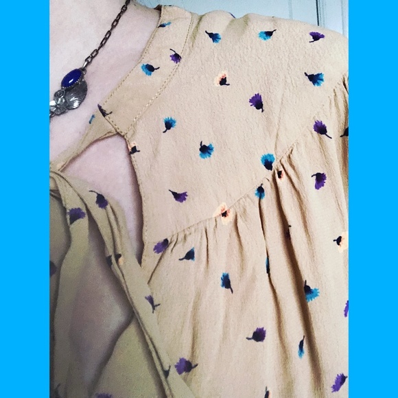 Angie Tie Neck Tan Long Sleeve Elastic Waist Dress - Picture 3 of 6